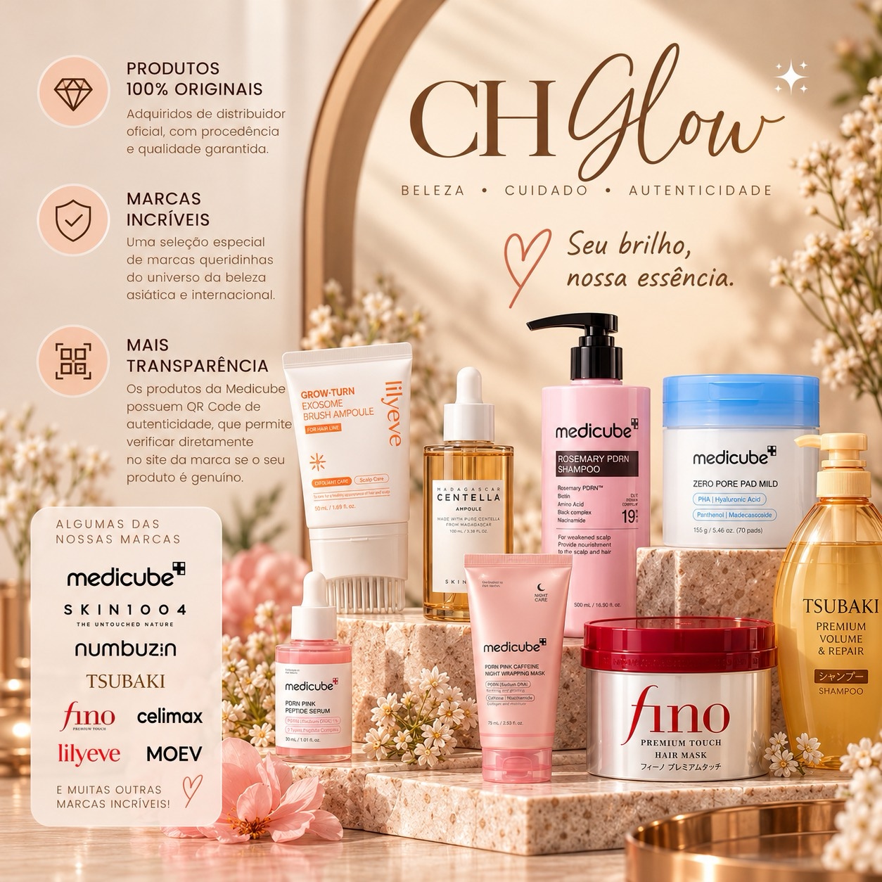 Apresentação CH Glow: beleza, cuidado e autenticidade, com uma seleção de marcas e produtos