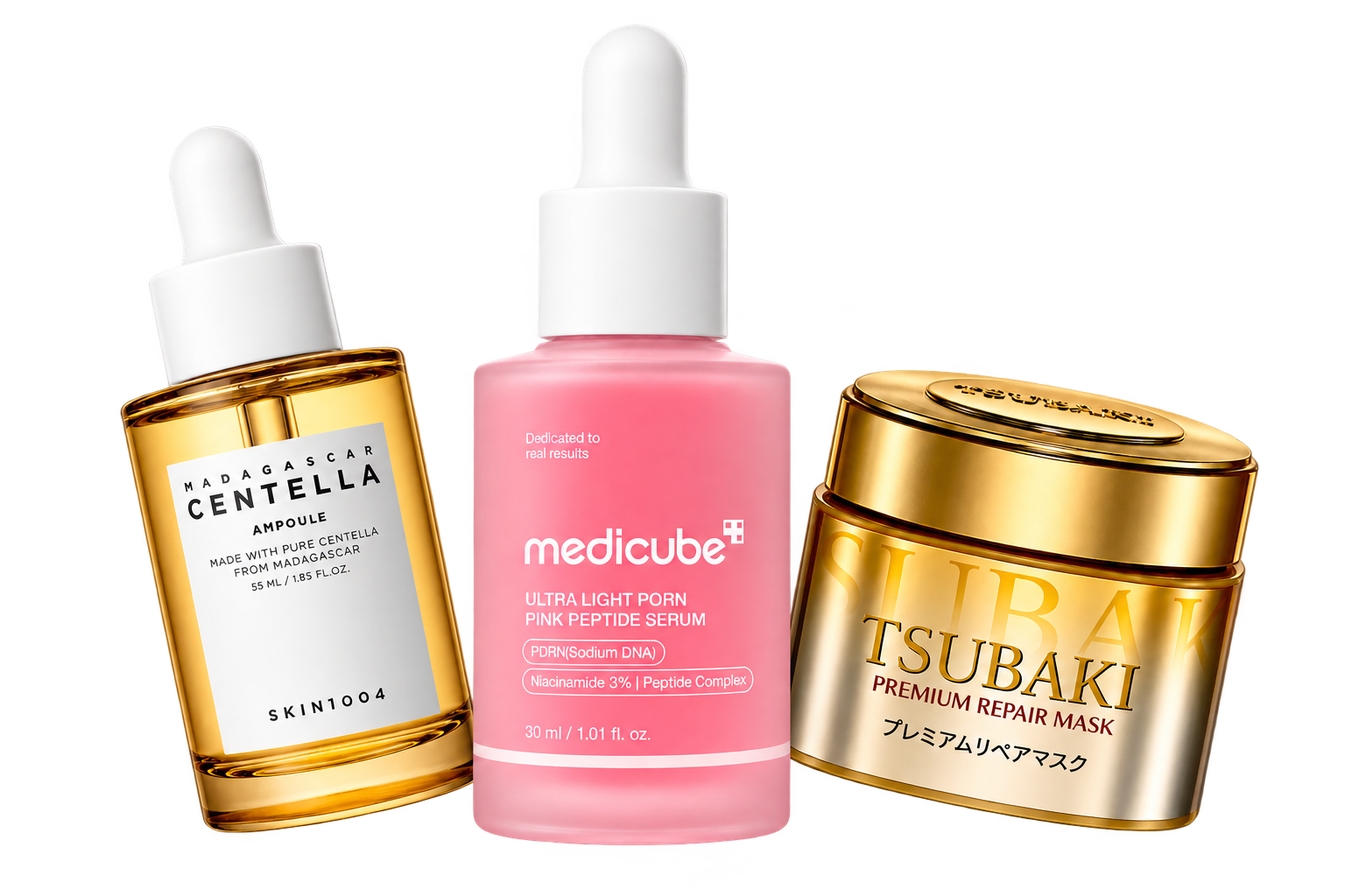 Ampola SKIN1004 Centella, sérum Medicube PDRN e máscara capilar Tsubaki